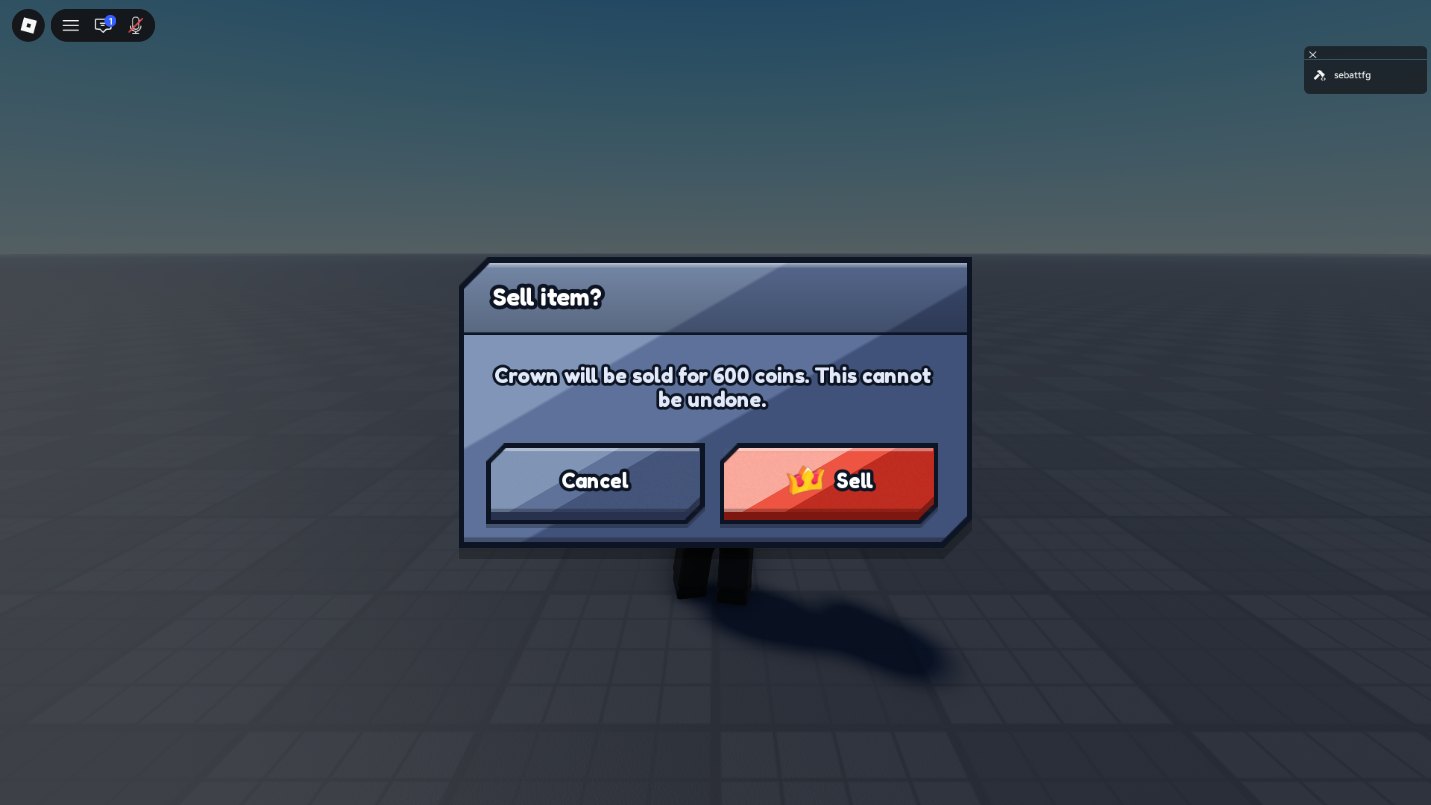 The confirm box over a game: a small window reading Sell item? and Crown will be sold for 600 coins. This cannot be undone, with Cancel and Sell buttons.