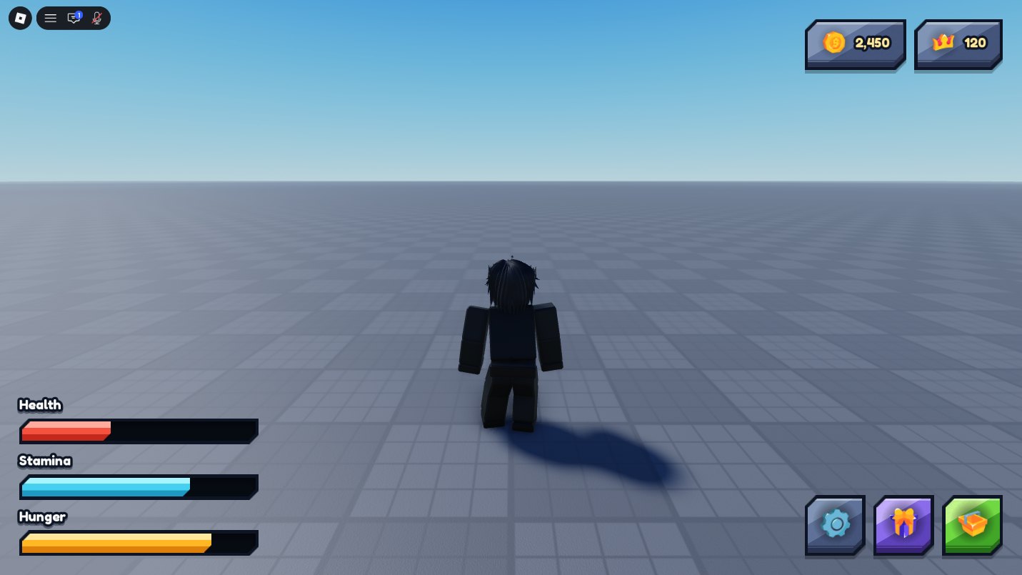 The HUD over a Roblox character: coin and gem counters top right, health, stamina and hunger bars bottom left, and three icon buttons bottom right.