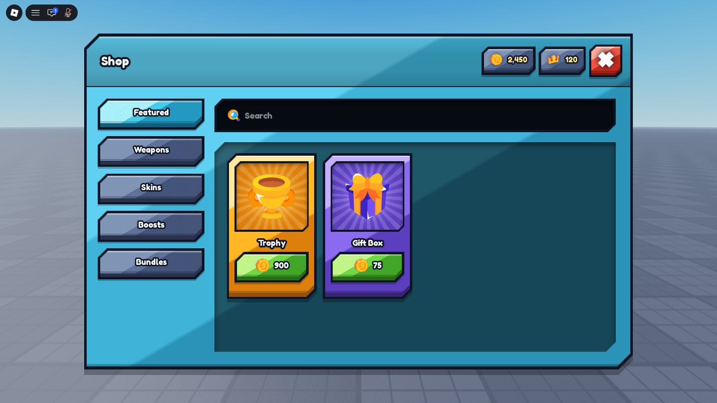 The shop screen: category tabs for Featured, Weapons, Skins, Boosts and Bundles, a search field, and two item cards, a Trophy at 900 coins and a Gift Box at 75.