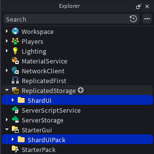 The Roblox Studio Explorer with two folders highlighted: ShardUI inside ReplicatedStorage, and ShardUIPack inside StarterGui.