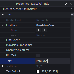 The Roblox Studio Properties panel for a TextLabel named Title, with the Text property selected and a new label being typed into it.