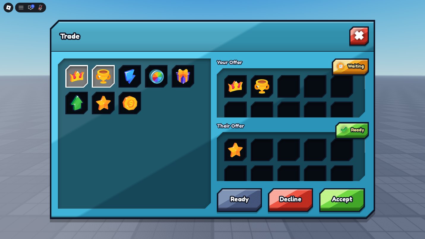The trade window: the player's item grid on the left, Your Offer and Their Offer grids on the right with Waiting and Ready chips, and Ready, Decline and Accept buttons.