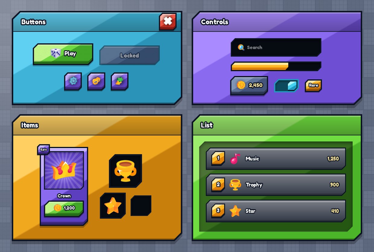 Four UI Pack Plus panels side by side, one per colour family, holding buttons, toggles, sliders, fields, list rows and item cards