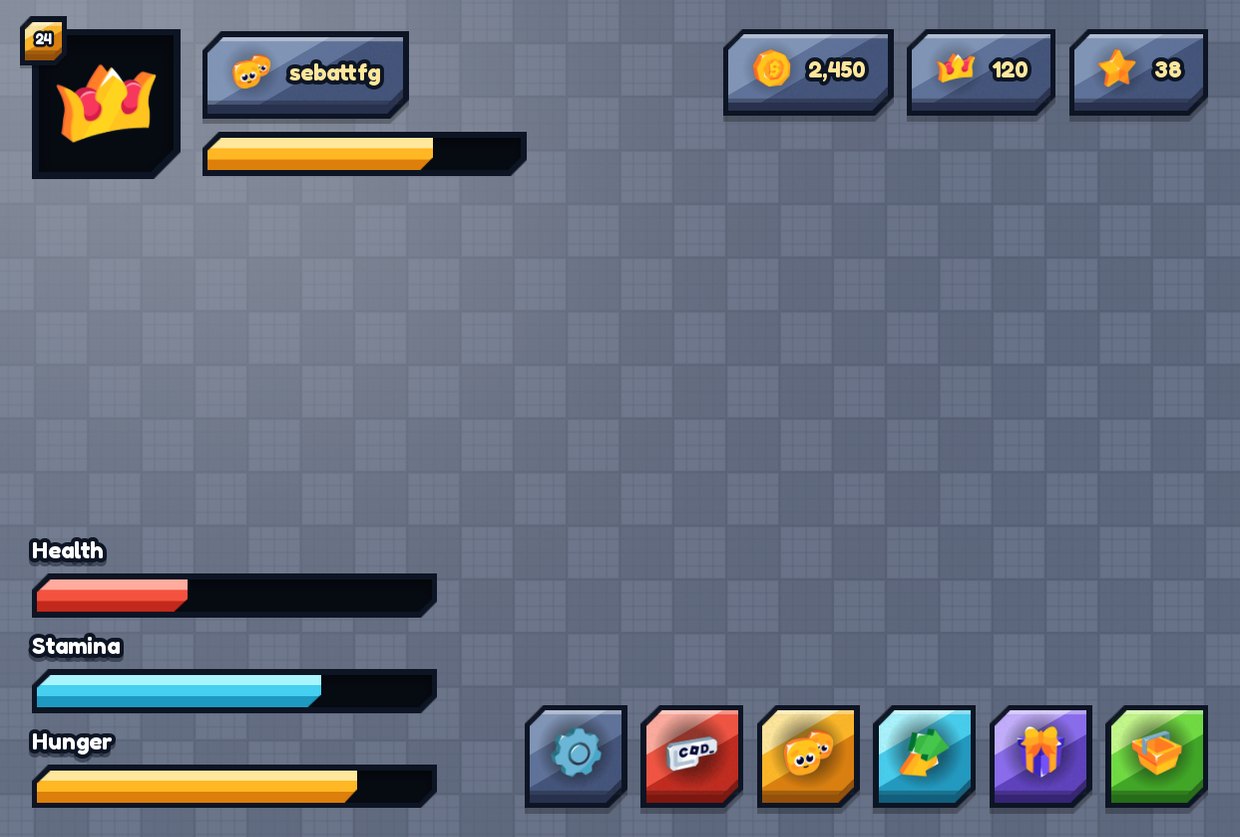 The UI Pack Plus HUD kit in a Roblox game: health, stamina and hunger bars, currency chips, a player card and a row of quick-access slots