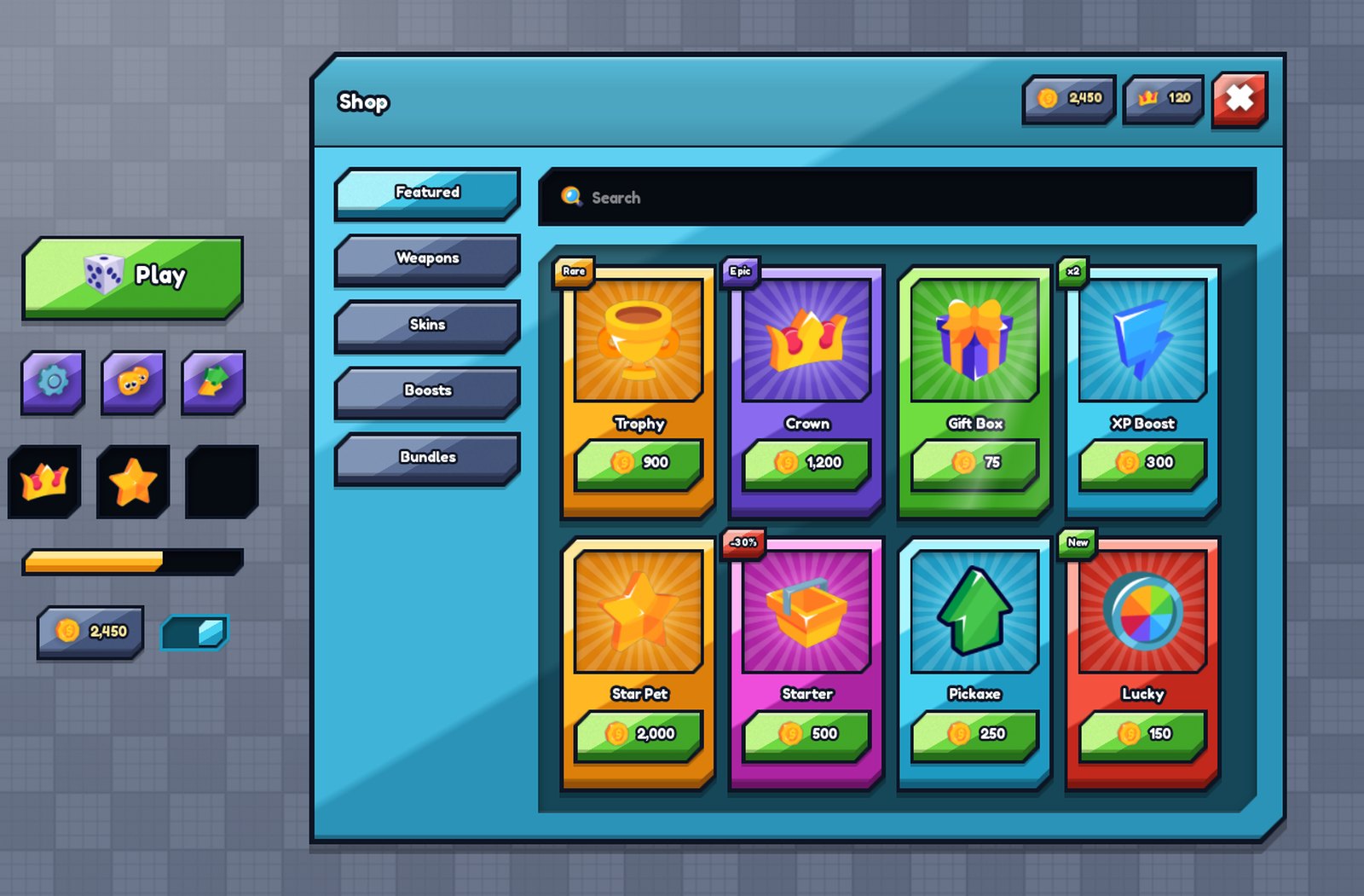 A shop screen built with UI Pack Plus, open inside a Roblox game, with a column of loose buttons, chips and a progress bar beside it
