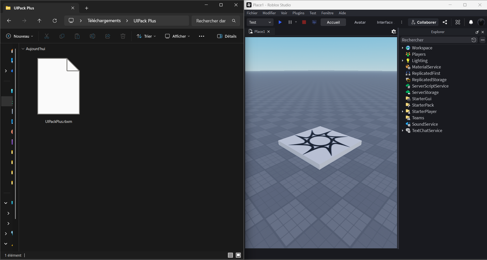 UIPackPlus.rbxm sitting in the downloads folder next to an open Roblox Studio place