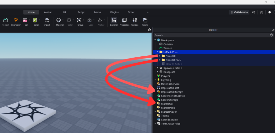 The Studio Explorer with arrows from ShardUI to ReplicatedStorage and from ShardUIPack to StarterGui