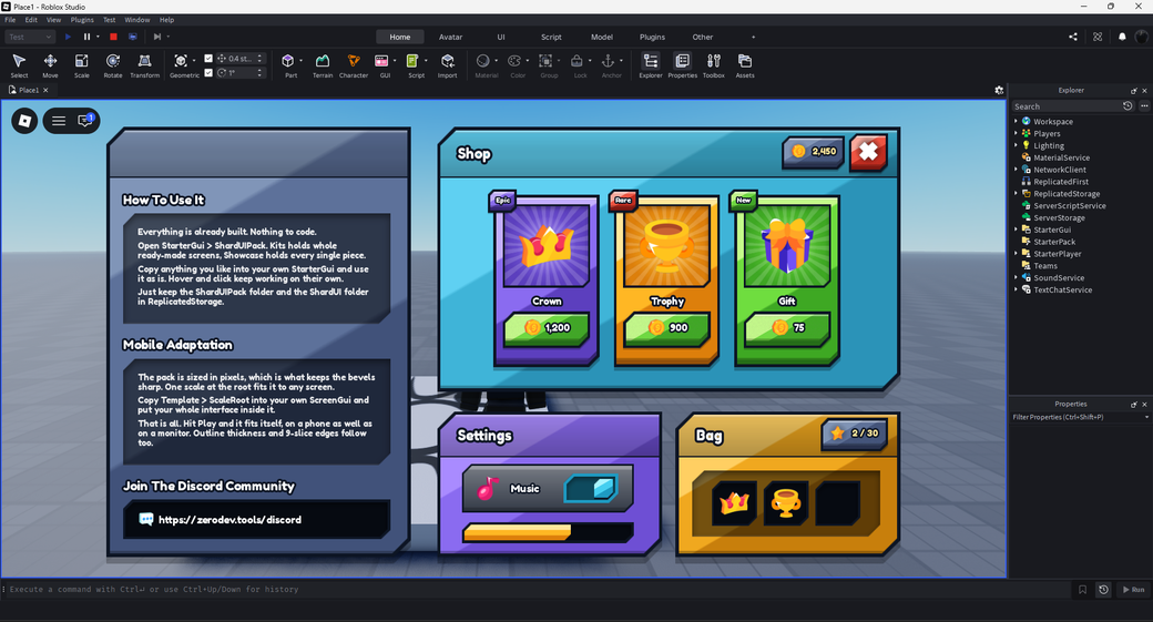 The pack open in Studio, showing the how-to board next to a finished shop screen, a settings panel and a bag