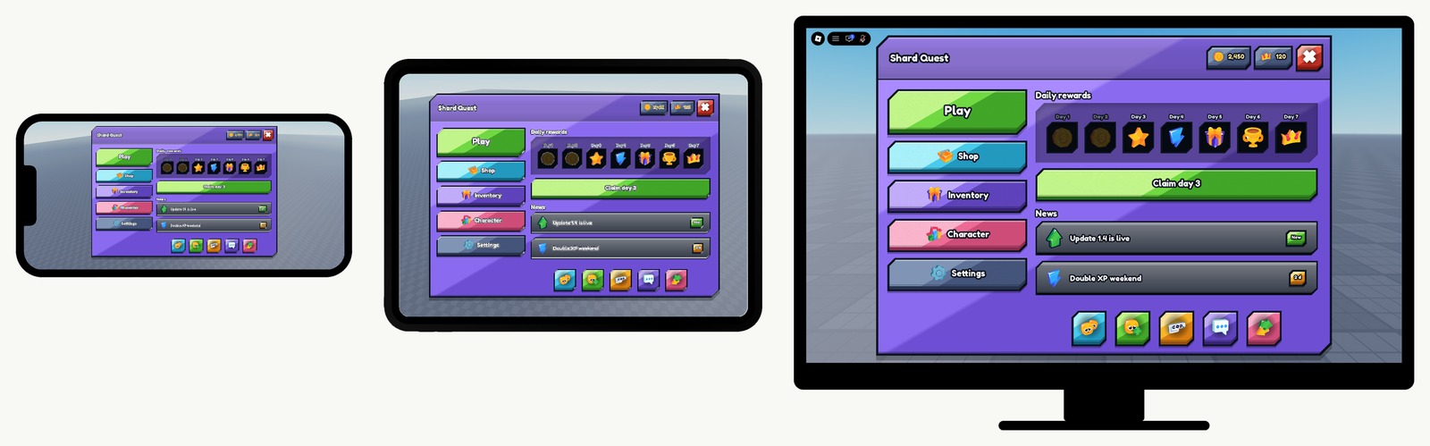 The same Roblox menu screen running on three devices side by side: a phone held sideways, a tablet and a desktop monitor. Play, Shop, Inventory, Character and Settings run down the left on all three, with the seven daily reward slots, a Claim day 3 bar and two news rows beside them, complete and uncut at every size.