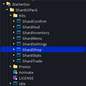 The Roblox Studio Explorer showing the Kits folder inside ShardUIPack with its eight ready-made screens listed, one of them highlighted as the one being copied.