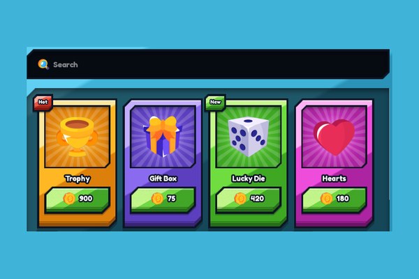 Close-up of the shop's search field above a row of item cards: Trophy, Gift Box, Lucky Die and Hearts, each with its price.