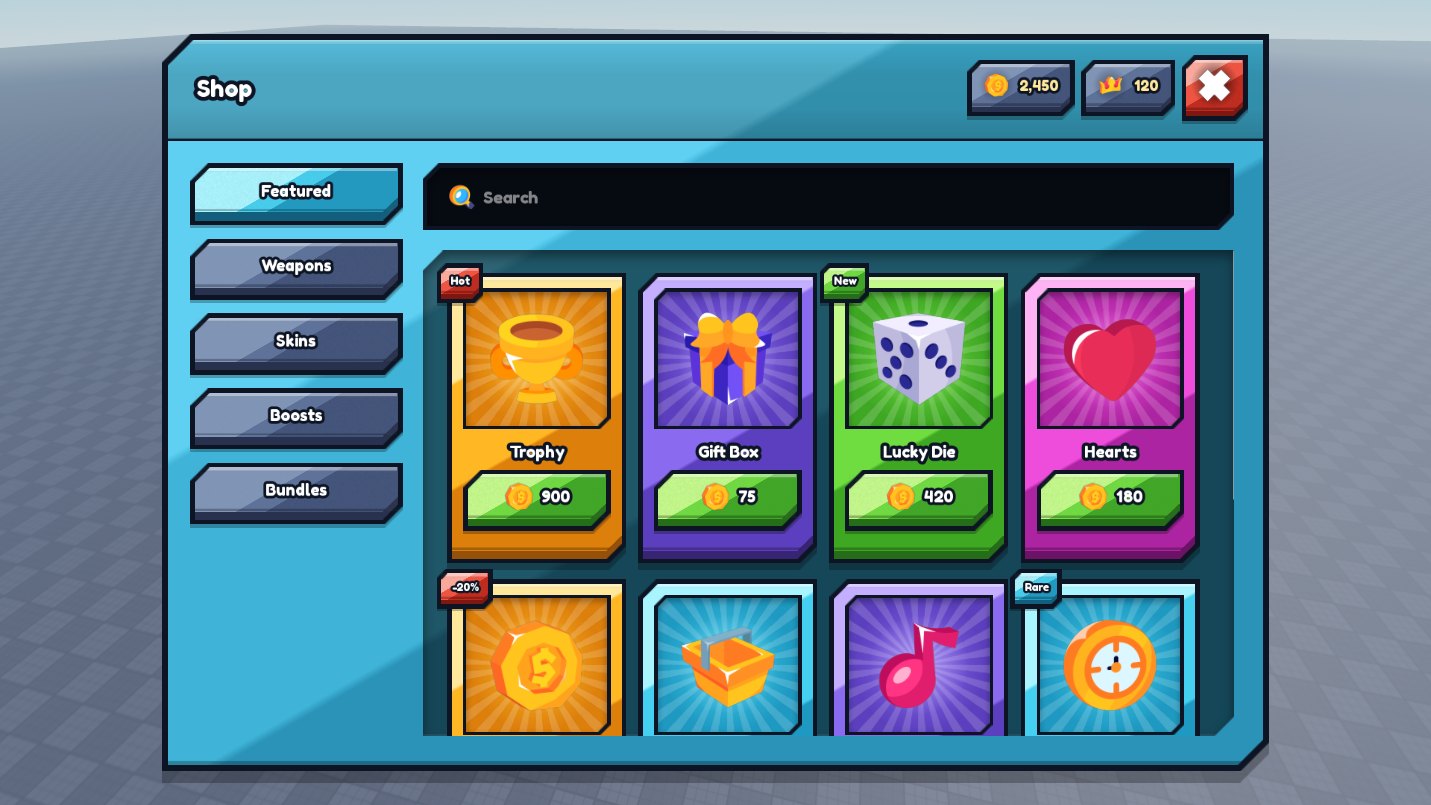 A Roblox shop window open in game: Featured, Weapons, Skins, Boosts and Bundles as tabs down the left with Featured lit, a search field above a grid of item cards showing a Trophy at 900, a Gift Box at 75, a Lucky Die at 420 and Hearts at 180 with Hot and New badges, a second row scrolling below, and coin 2,450 and crown 120 counters beside the close button in the title bar.