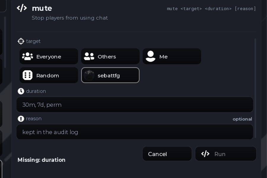 The ZeroPanel command page showing the mute command, with target, duration and reason fields and a Run button.
