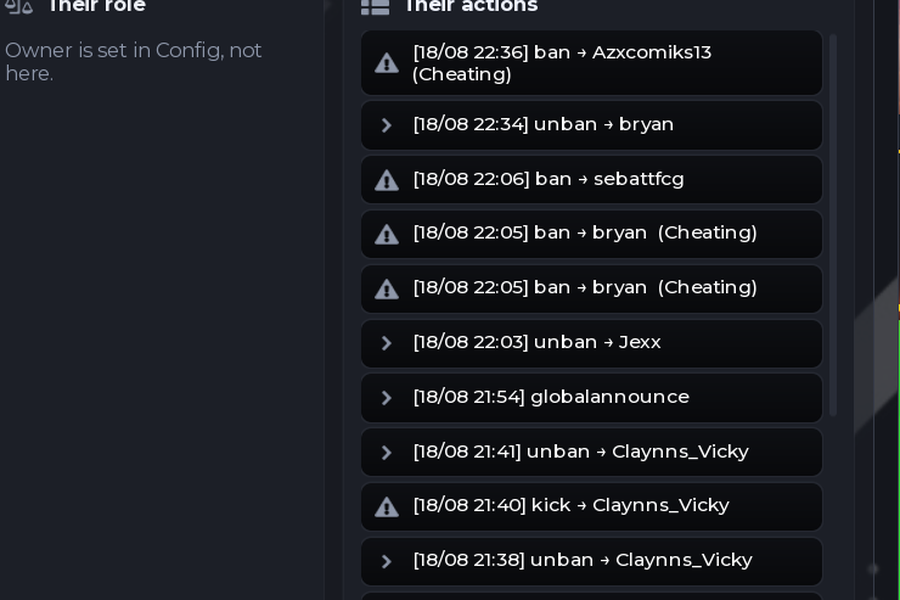 The ZeroPanel audit log listing every ban, unban and kick with the time, the moderator and the reason.