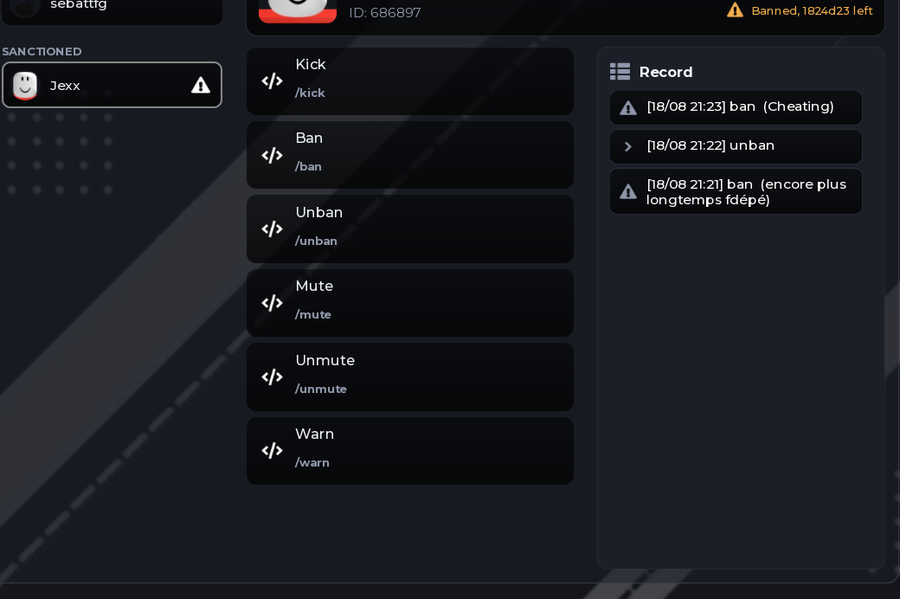 The ZeroPanel players page showing a banned player who is offline, with kick, ban, unban, mute, unmute and warn buttons and a record of past sanctions.