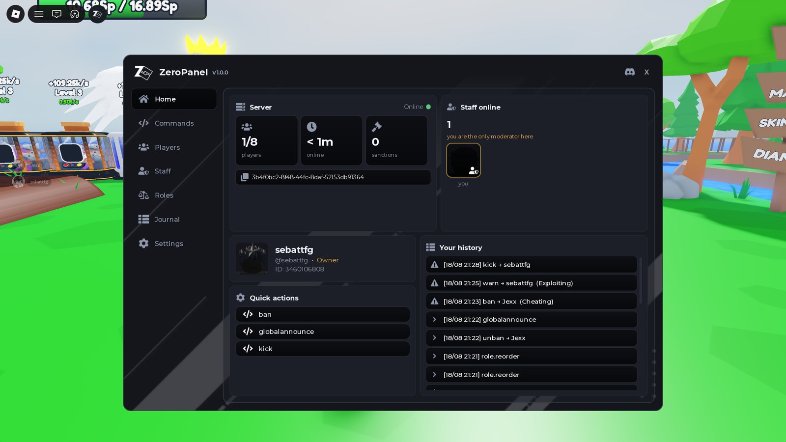 The ZeroPanel window open inside a running Roblox game, showing the server player count, the list of staff online and a history of recent kicks, warns and bans.