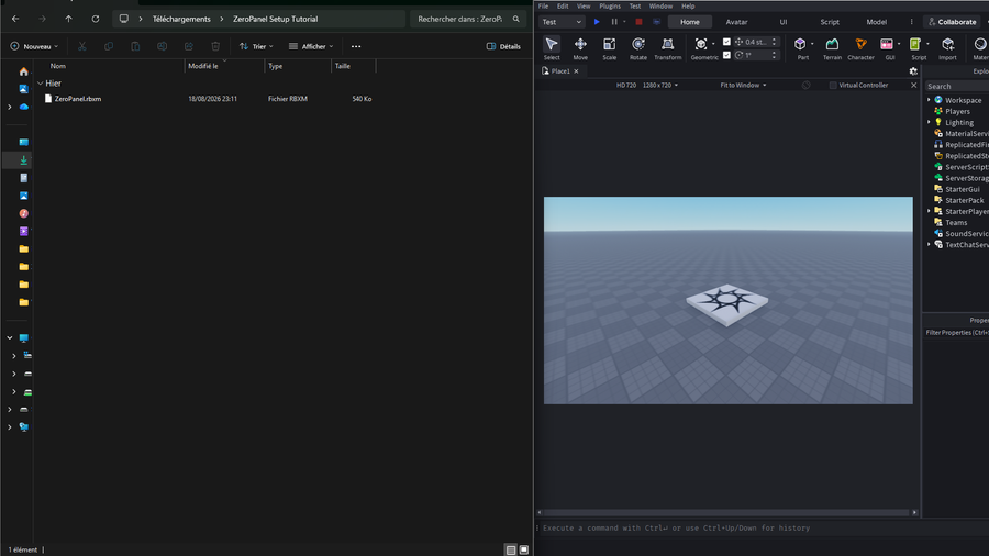 The ZeroPanel.rbxm file being dragged from a Windows folder into an open Roblox Studio window.