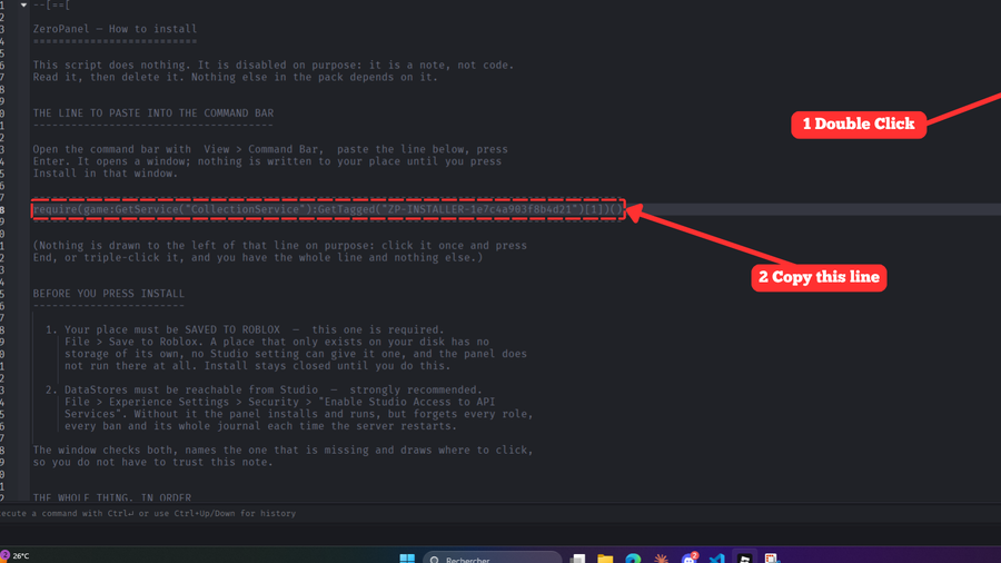 A note open in Roblox Studio with one highlighted line of code, marked copy this line.