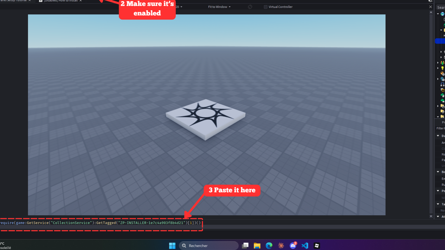 The Roblox Studio Command Bar at the bottom of the window with the install line pasted into it.