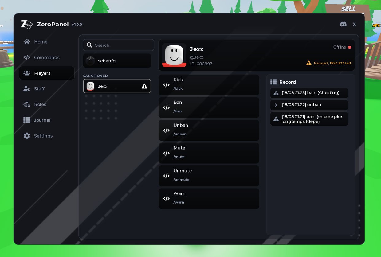 The Players tab of ZeroPanel, showing a banned player with the kick, ban, mute and warn actions and their record