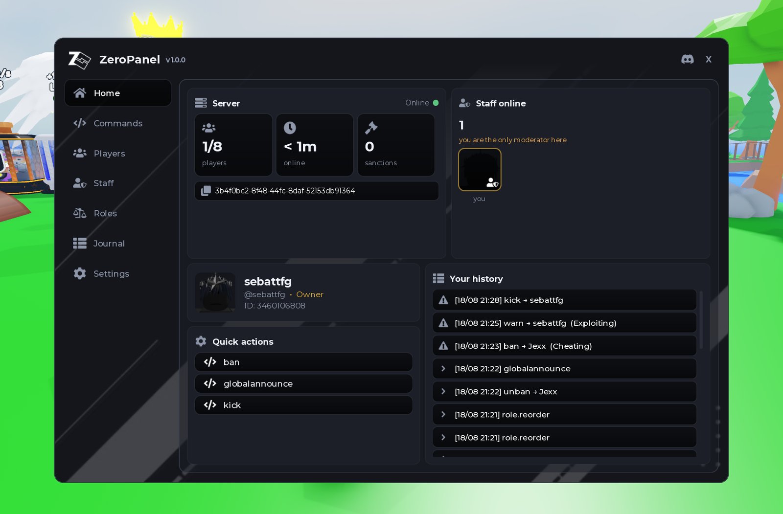 The ZeroPanel window open inside a Roblox game, showing the server stats, the owner card and the action history