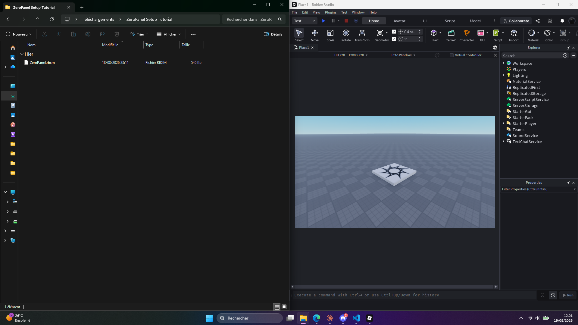 ZeroPanel.rbxm being dragged from the downloads folder into Roblox Studio