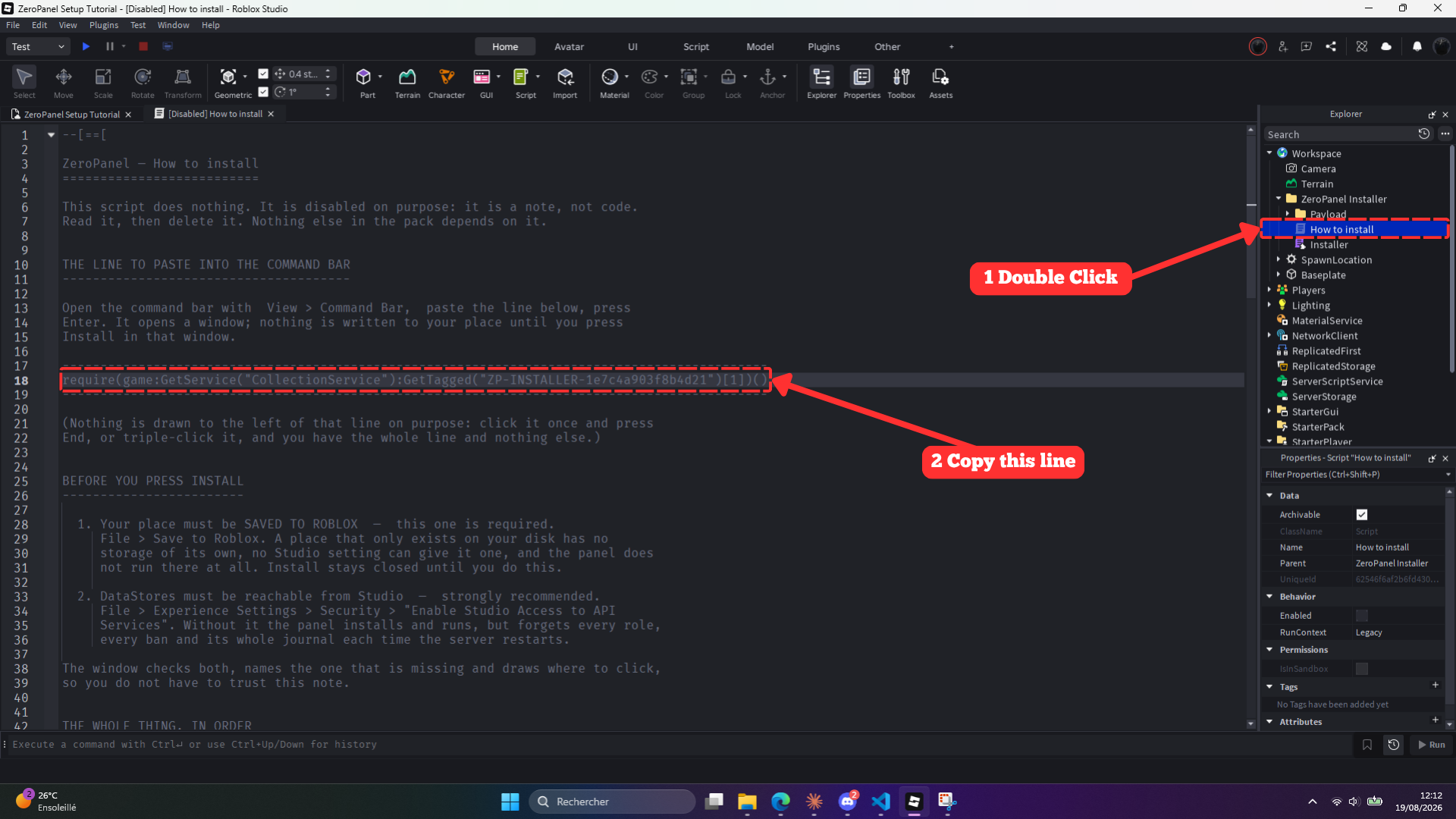 Opening the How to install script inside ZeroPanel Installer and copying its one line