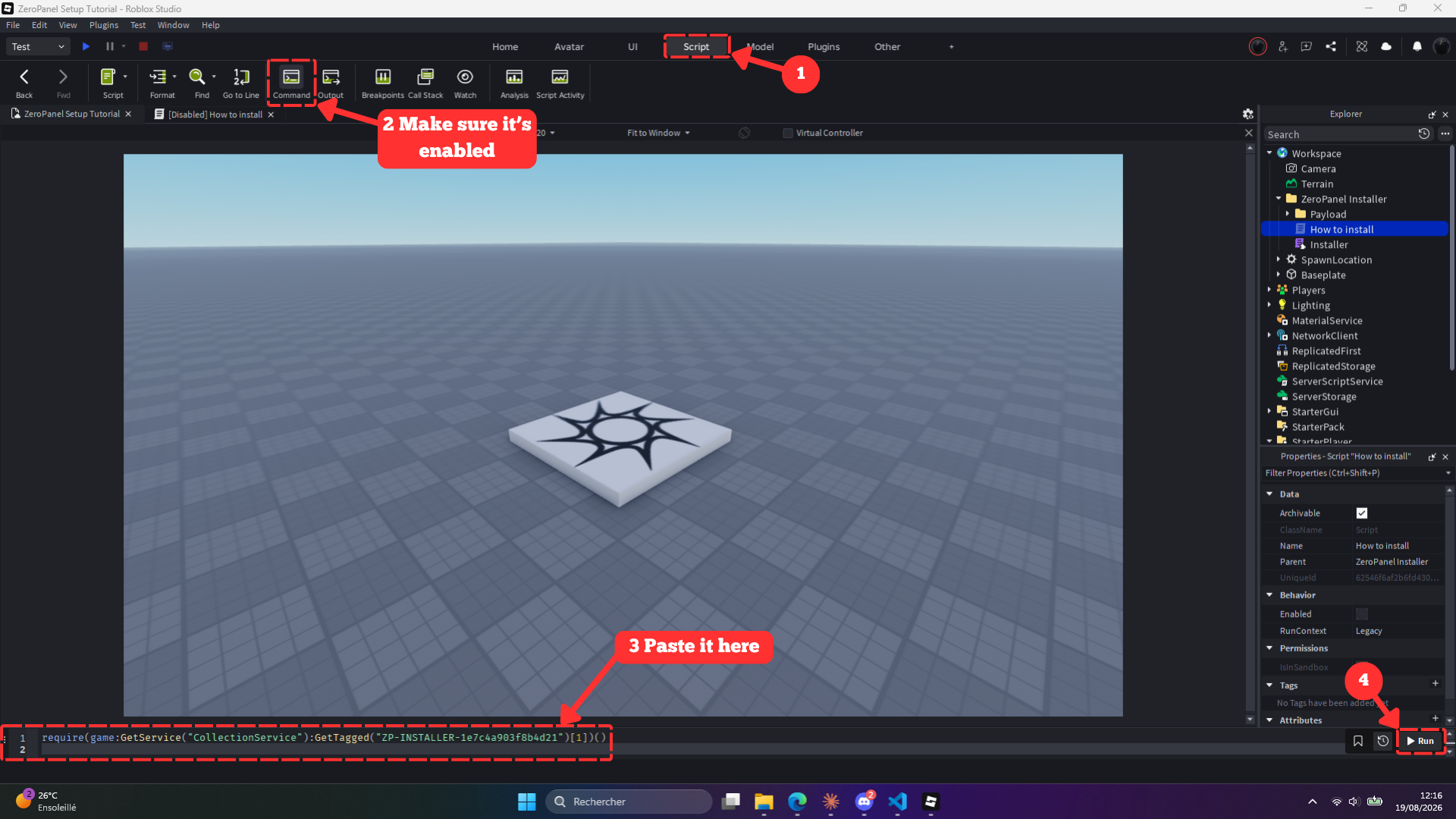 Pasting the install line into the Command Bar and running it in Roblox Studio
