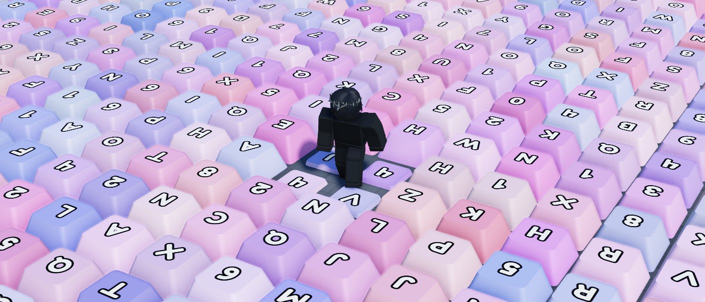 A Roblox game world where the floor is made of pastel pink, purple and blue keycaps stretching in every direction, with a character standing on one key that is pressed down
