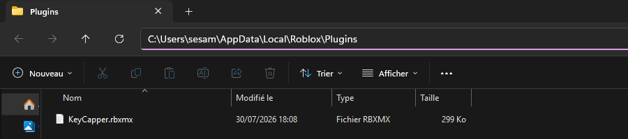 The Plugins tab in Roblox Studio with the Plugins Folder button, and the folder it opens on the computer