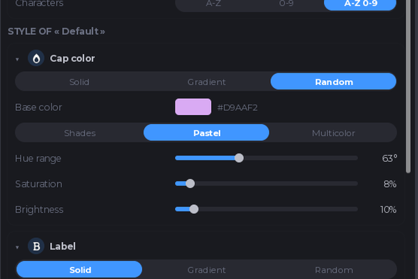 The cap colour section of the KeyCapper panel, with Random and Pastel selected and hue, saturation and brightness sliders