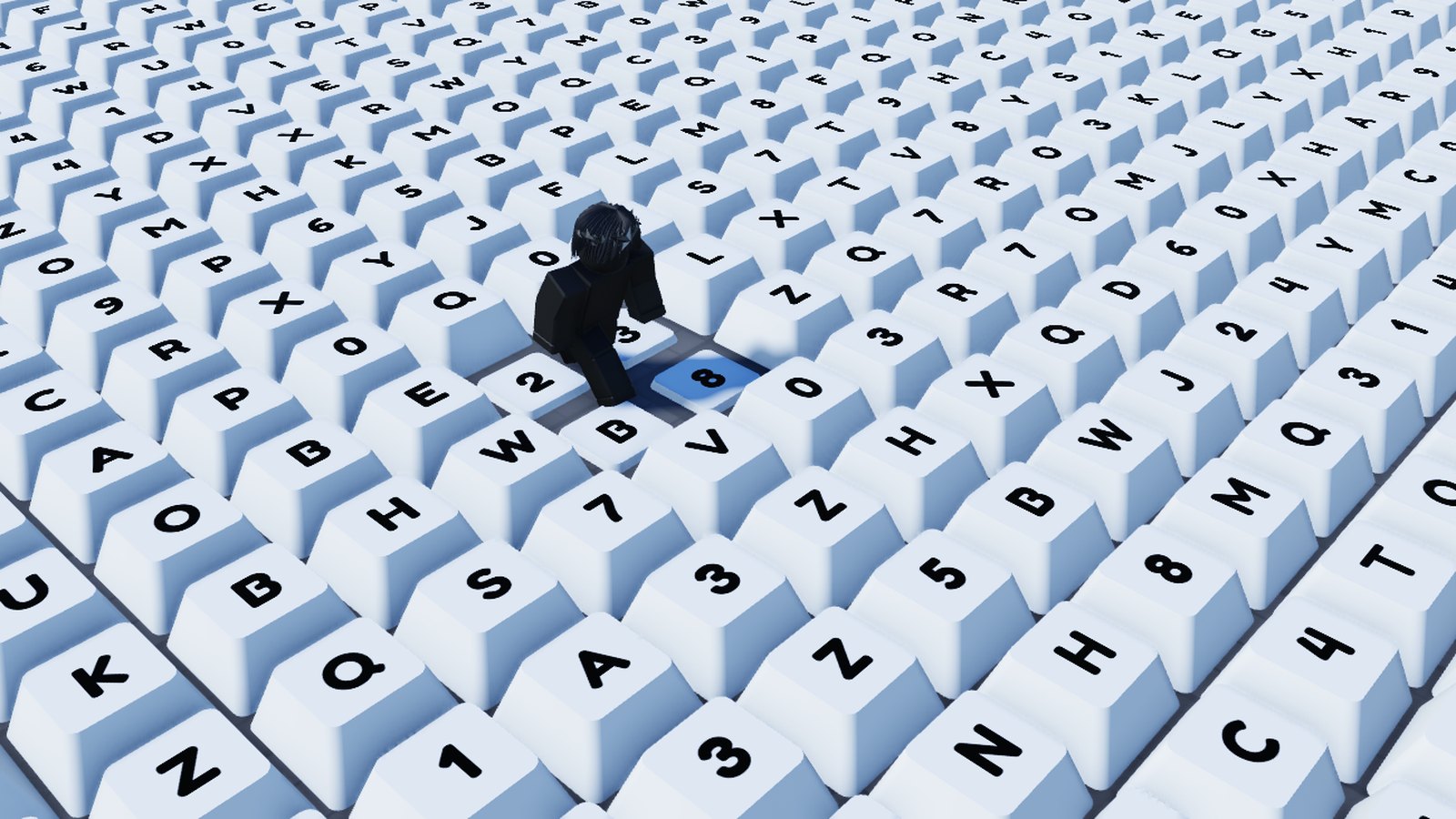 A Roblox game world where the whole floor is made of white keycaps, each with a letter or number, and a character standing on one key that has been pressed down and lit blue