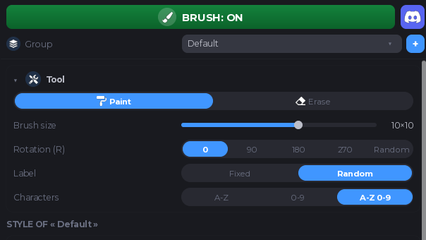 The top of the KeyCapper panel in Roblox Studio: a green BRUSH ON banner, a Paint and Erase pair, and sliders for brush size, rotation and labels