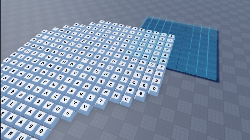 Keycaps landing in a grid on a Roblox Studio floor, with the blue brush outline showing where the next block of keys will go