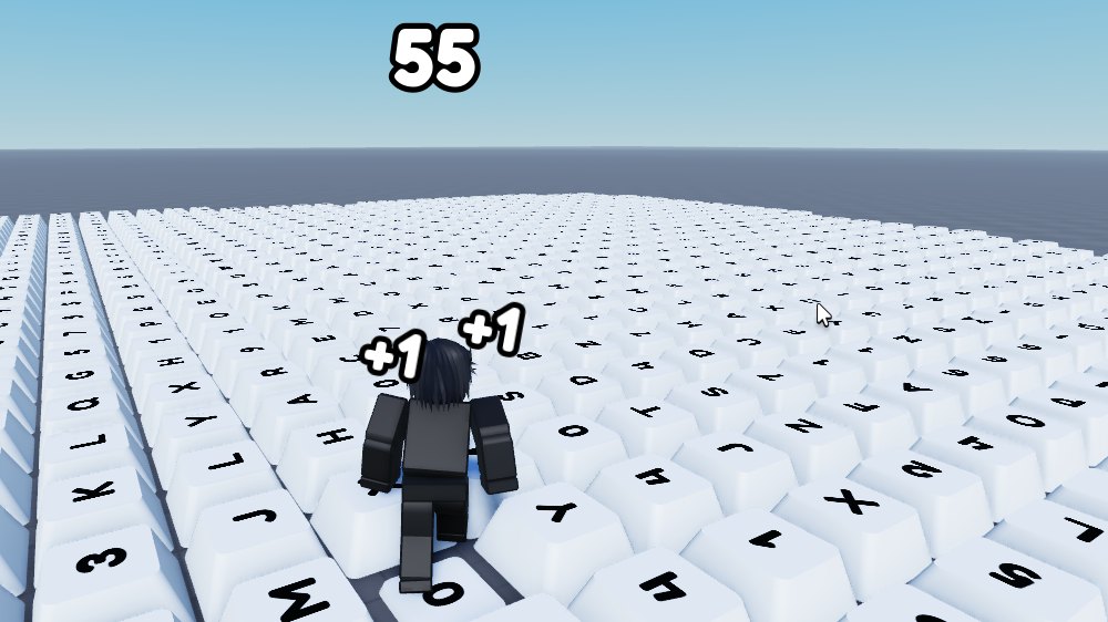 A Roblox play test: the character stands on a keycap, two plus one popups float above their head, and the counter at the top reads 55
