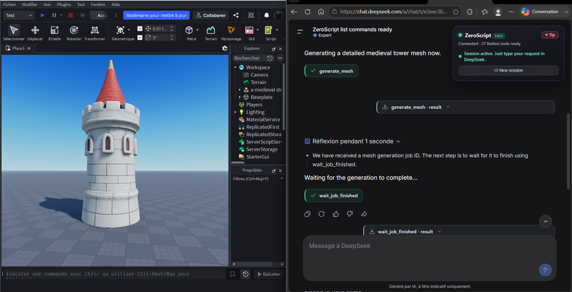 ZeroScript generating a medieval tower in Roblox Studio from a DeepSeek prompt